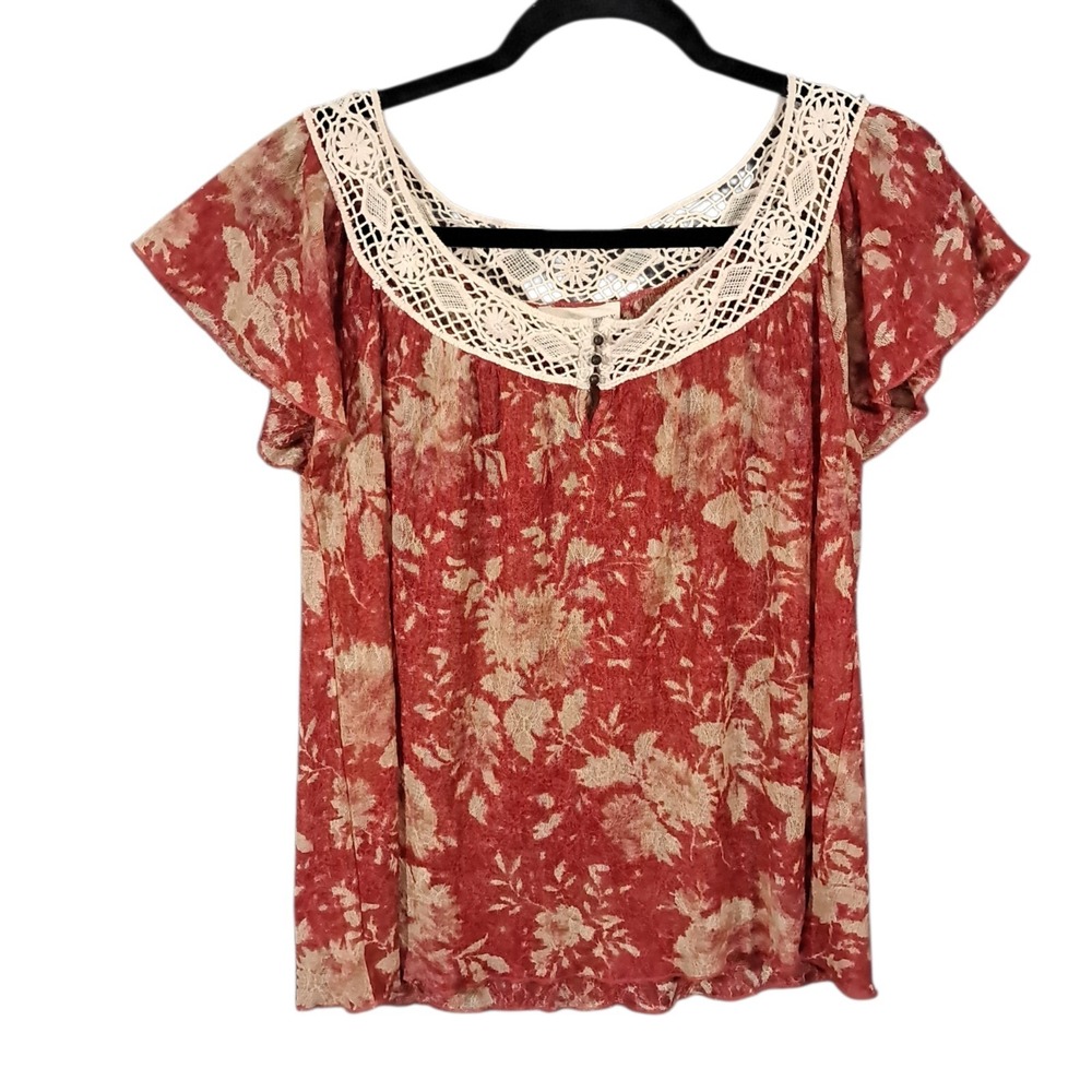 Ralph Lauren Denim & Supply Blouse S Red Semi Sheer Coquette Floral Lace Boho